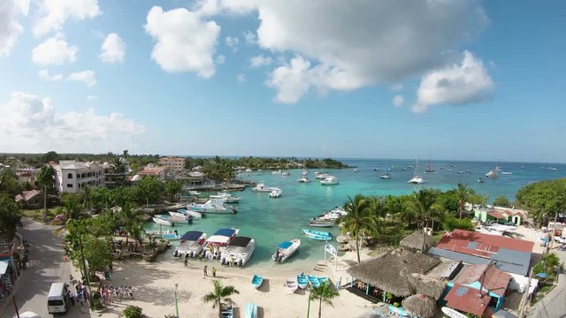 Tropical Paradise, Boats on the Bay of Bay Ibe/Beautiful Island. Coconut Palm Trees On Sandy Beach At Sunny Summer Day 4K