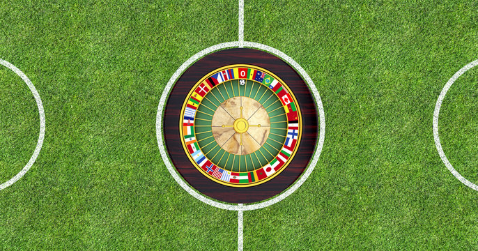 Football field with roulette machine with flags in the center 3D Rendering 