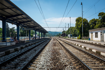 Fototapeta na wymiar Railroad station Tracks outside of Karlstejn Czech Republic