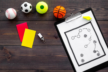 Sport judging concept. Sport game referee. Tactic plan for game, balls, red and yellow cards,...