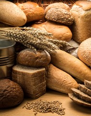 Assorted products breads on wooden table