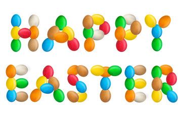 Inscription Happy Easter is made up of colorful eggs. White background.