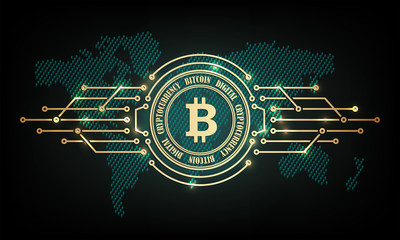 An abstract bitcoin sign with the silhouette of the continents.