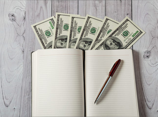 Notepad, pen and money on a light wooden background