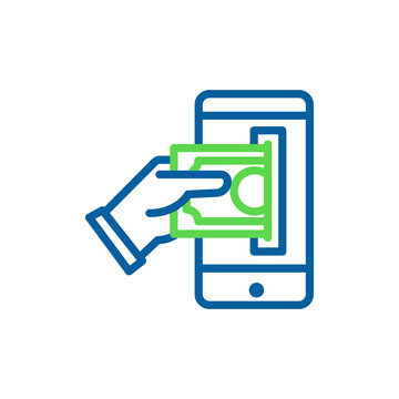 Mobile payment services. Paying with phone online. Vector trendy thin line icon illustration design with hand, dollar bill and smartphone device
