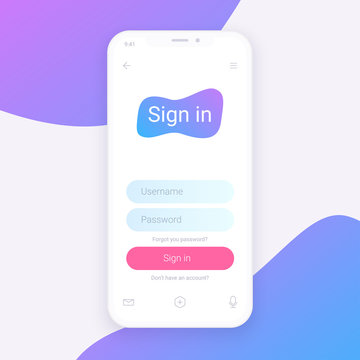 Sign In Screen. Clean Mobile UI Design Concept. Login Application with Password Form Window. Trendy Holographic Gradients. Flat Web Icons. Vector EPS 10