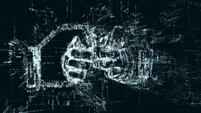 Conflict logo, a design consisting of a code of numbers and a symbol. Abstract battle icon in computer cyber network on a dark turquoise background