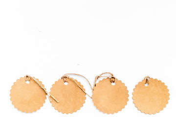 Figured blank tags for write price or discount on white background space for text mockup