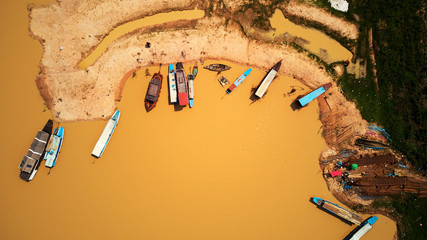 Aerial view of boats in Siem-Reap Tonle Sap Cambodia