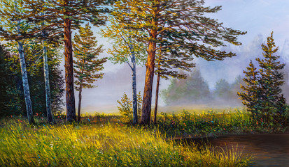 Landscape, mountain river.  Picture oil paints on a canvas.