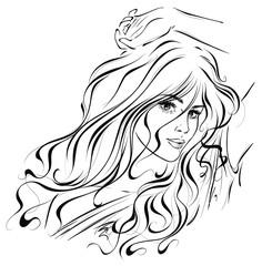 Graphic portrait of a cute girl with beautiful curly hair. Vector illustration