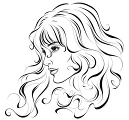 Sketch of a cute girl with beautiful curly hair. Vector illustration