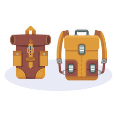 Fashionable hipster leather backpacks. Flat vector cartoon illustration. Objects isolated on white background.