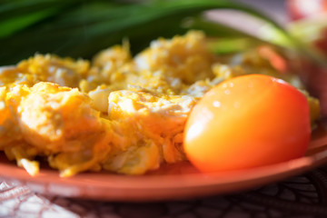 Scrambled eggs with green leek on plate close