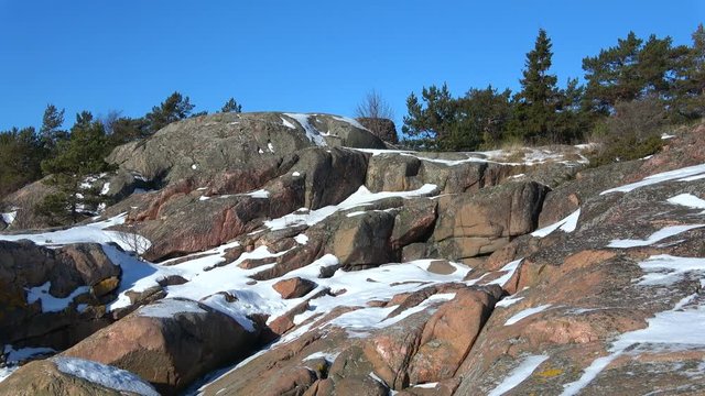 Sunny February day on the rocks of the Hanko Peninsula. Finland