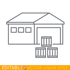 Warehouse Building behind Goods pile. Editable line sketch icon. Stock vector illustration.
