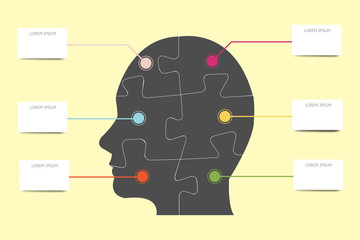 The man's head silhouette containing six color circles surrounded by six colorful rectangle labels ready for your text.