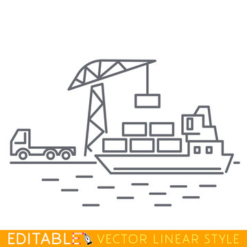 Container cargo ship loaded by harbor crane from cargo truck in the port dock. Naval transportation concept. Editable line sketch icon. Stock vector illustration.