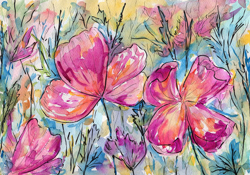Abstract pink flowers on meadow. Watercolor and marker.