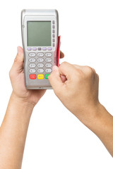 Top view of Hand using payment terminal isolated on white, paying with credit card, credit card reader, finance concept