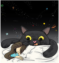 Girl sleeping dreaming with black cat