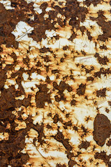 Excellent texture of rusty metal with cracked white and yellow paint