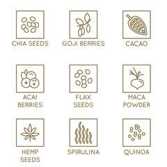 Vector set of design elements and icons for food and smotthie packaging - superfood badges