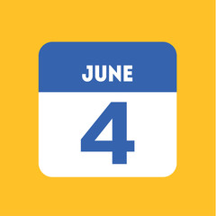 June 4 calendar icon yellow flat. International Day of Innocent Children, crane operator,  state symbols of the Republic of Kazakhstan, June holiday in Ireland, Estonian national flag