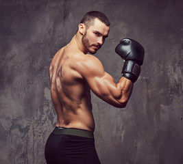 A brutal muscular boxer with boxing gloves working on punching technique.