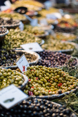 mixed olives on display in market