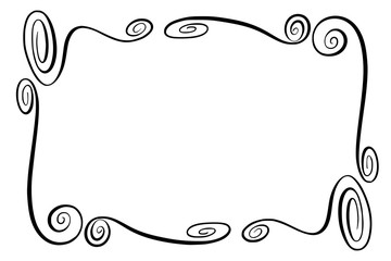 Flourish Vector Frame. Rectangle with squiggles, twirls and embellishments for image and text elements. Hand drawn black highlighting curlicue border isolated on the white background. Doodle effect