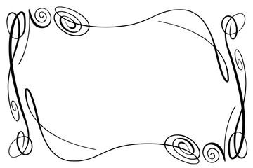 Flourish Vector Frame. Rectangle with squiggles, twirls and embellishments for image and text elements. Hand drawn black highlighting curlicue border isolated on the white background. Doodle effect