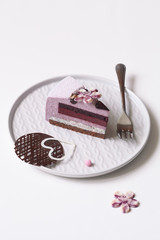 Piece of Blueberry Violet Mousse Cake covered with velvet spray and decorated with chocolate elements, on white background.
