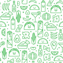 Seamless pattern with Mexican food, clean modern  line art. Fun Mexican plates with smiling faces. - 198222514