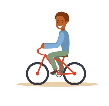 African american boy riding a bicycle. Stock flat vector illustration.