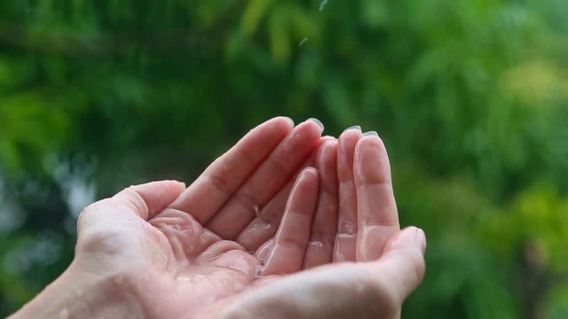 Hand under the rain, rainwater close-up. Woman putting her hand out to feel raindrops on her palm.