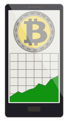 bitcoin coins with growth graph on a phone screen