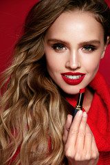 Red Lips Makeup. Female Model With Beauty Makeup.