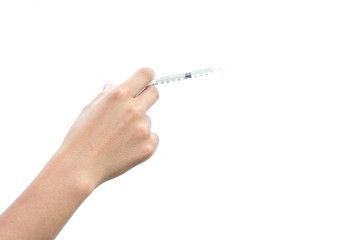 Close-up girl hand holding  syringe on a white background ,health care  concept