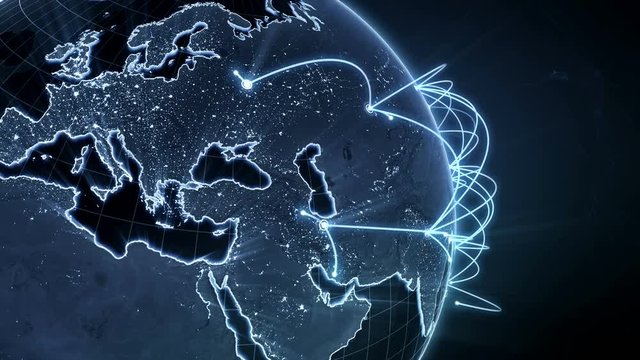 Growing global network. Internet and business concept. Connecting people all around the world. Close-up of Earth. Blue version. Seamless loop.  4K 