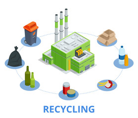 Recycling garbage elements trash bags tires management industry utilize waste can vector illustration.