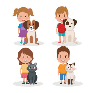 group of kids with pets little characters vector illustration design