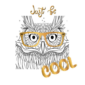 Hipster owl character portrait. Jost be Cool lettering.