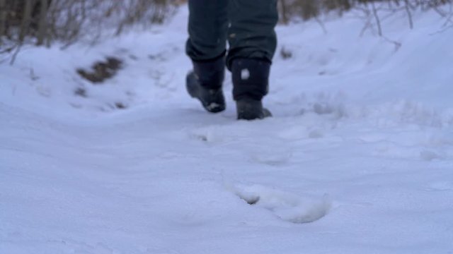 Man goes through snowy forest path - (4K)