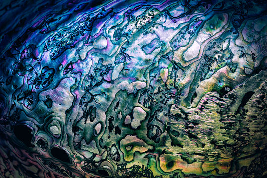 Nature texture pattern of nacre mother-of-pearl inner side of Paua, Perlemoen or Abalone shell close up abstract background