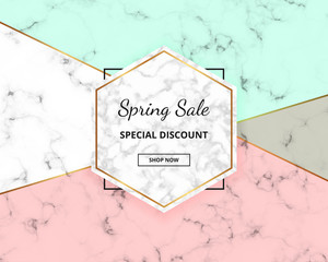 Spring sale cover geometric design with marble texture and gold glitter lines, green and pink colors background. Template for design invitation, card, banner, wedding, baby shower, placard, poster