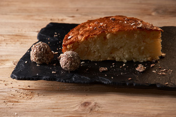 Delicious fresh baked piece of apple pie on shale board