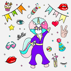 Set of hand drawn illustrations of a dancing unicorn and different party attributes
