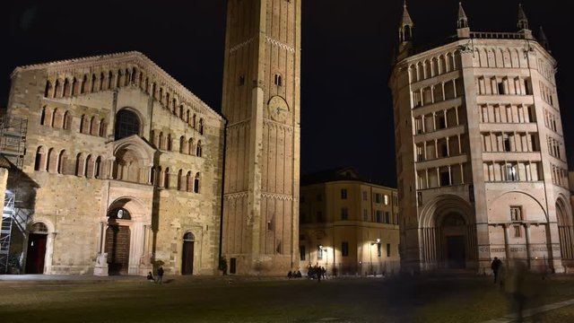 Parma, Italy, UltraHD 4k: People walking in front of Medieval Parma Cathedral