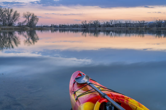 Bow Of Whitewater Kayak On Lake